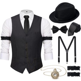 YESSA - Disfraz de hombre de los años 20 para hombres, disfraz de gran Gatsby para hombre, disfraz de 1920 para hombre, sombrero y chaleco de bolsillo, Chaleco de rayas-sombrero negro, Small