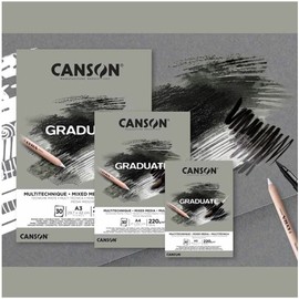 CANSON Graduate Mixed Media 200gsm A4 Paper, Double Sided: Grained And Smooth, Pad Glued Short Side, 30 Grey Sheets, Ideal for Student Artists