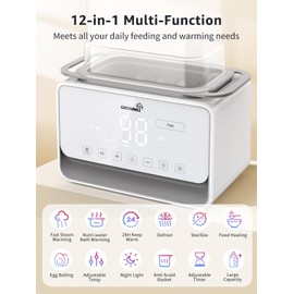 GROWSNY Fast Baby Bottle Warmer, 12-in-1 Milk Warmer with Steam and Water Bath Warming Modes for Breastmilk &Formula, Food Heating,with Thaw, Steri-lize, Egg Boil Function, Fits Most Types of Bottles