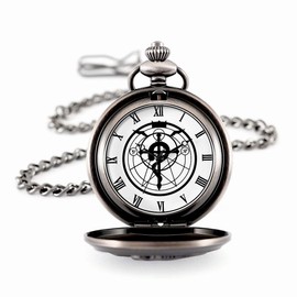 BOSHIYA Men's Pocket Watch Fullmetal Alchemist Vintage Steampunk Quartz Pocket Watch for Men Anime Merch Cosplay Accessories (Black)