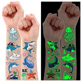 PARTYWIND Partywind 130 Estilos Luminoso Tiburón Tatuajes Temporales Para Niños, Tiburón Resplandor Decoraciones De Cumpleaños Regalos De Fiesta Suministros Para Niños Y Niñas, Océano B