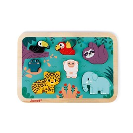 Janod - Chunky Wooden Puzzle 'Jungle' - Grabbing Puzzle with 7 Pieces - Discover the Animals of the Jungle - Water-based Colours - WWF Partnership - FSC Certified - From 18 Months, J08621