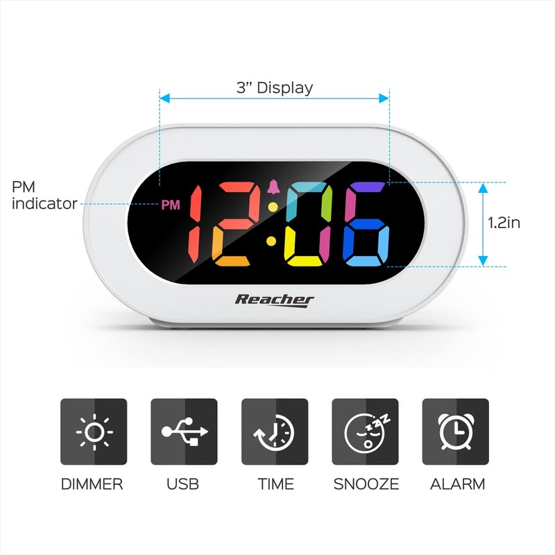 REACHER Kids Alarm Clock with USB Charger, Dimmable Rainbow LED