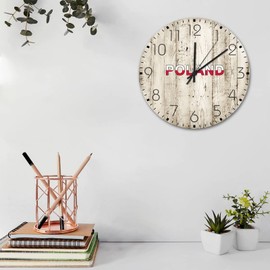 Autravelco 12 Inch Silent Non-Ticking Wall Clocks Battery Operated Poland Home Decor for Patio Country Flag Patriotic Vintage Round Wooden Wall Clock Country for Porch Workshop