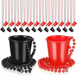 Dandat 24 Pcs Shot Glass on Beaded Necklace Graduation Accessories Disposable Mini Plastic Shot Cups for Graduation Party Accessories Bachelorette Birthday Wedding Festival Party Favor(Black, Red)