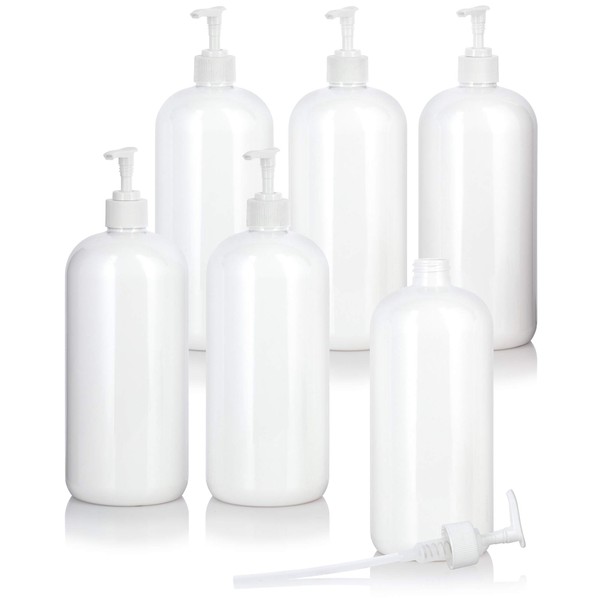 JUVITUS 32 oz White Plastic PET Boston Round Bottle (BPA Free) with White Lotion Pump (6 pack)