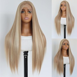 SALLYWELL Honey Blonde Lace Front Wig Honey Blonde Heat Resistant Synthetic Wig 180% Density 13×4 Lace Front Wig Highlight Synthetic Wig for Women(24Inch)