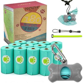 YUCHIYA Dog Poop Pickup Bags Holder Dispenser with Standard-Sized Leak-Proof Scented Doggy Waste Bags and Carabiner with Safety Lock&Fastener Never Loose on Leash Lead Again (1 Holder 195 Bags, Grey)