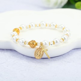 LIUANAN Meaningful Baptism Gifts Virgin Mary Crucifix Bracelet for Christening Rosary Beads Cathoic Gift Faith Bracelet Christian Daughter Niece Granddaughter Sister Friend Goddaughter (Gold)