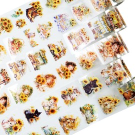 AuriicLeaf Blooming Sunflower PET Tape Set, 6 Rolls of Pre-Cut Floral Stickers for Journaling, Scrapbook Supplies, DIY Crafts, and Decorative Art