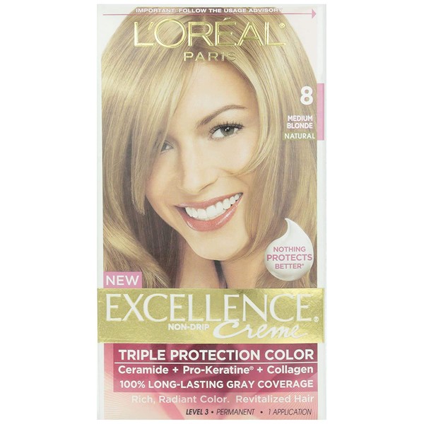 L'Oreal Paris Excellence Creme Permanent Hair Color, 8 Medium Blonde, 100 percent Gray Coverage Hair Dye, Pack of 1