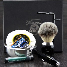 Haryali London 6 Pc Mens Shaving Kit 5 Edge Razor with Synthetic Badger Hair Shaving Brush, Stand, Soap, Bowl and Alum Perfect Set for Men