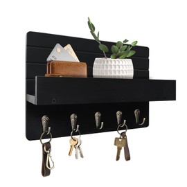 KISENG Key Holder for Wall, House Decor Mail Organizer Wall Mounted with Shelf & 5 Hooks for Hanging Dog Leash, Sunglasses, Hats, Rustic Key Rack Apartment Eseentials Wooden Key Hanger