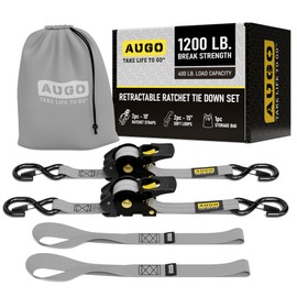 AUGO Retractable Ratchet Straps | 2 Heavy Duty Ratchet Straps Self Retractable Tie Downs with Soft Loops & Storage Bag for Motorcycle, Truck, Trailer, Cargo Van | 1200 Lb Break Strength 1” x 10’