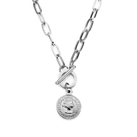Charm Coin Chain Choker Necklace for Women Girls Unisex Hypoallergenic Stainless Steel Queen Head Pendant Necklaces Vintage Elizabeth Round Disc Necklaces Fashion Chic Dainty Retro Jewelry (Silver)