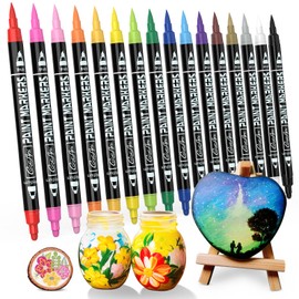 16 Colors Acrylic Paint Pens, Dual Tip Paint Markers with Medium Tip and Brush Tip for Wood,Rock Painting,Plastic,Canvas,Fabric,Glass,Mugs,Card Making,DIY Project, Art Supplier