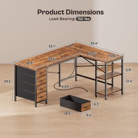 Huuger 55 Inch L Shaped Desk with Drawers, Reversible Computer Gaming Desk with Power Outlets and USB-C Port, Adjustable Side Storage Shelves, for Work Study Corner Home Office, Rustic Brown