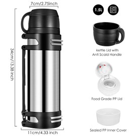 Hangrow Vakuum Isolierflasche 1.5L, Große Kapazität Edelstahl Vakuum Isolierflasche für Heißgetränke + Kaffeetassendeckel mit Griff, Reiseflasche Getränkeflaschen Essen Suppe Flasche