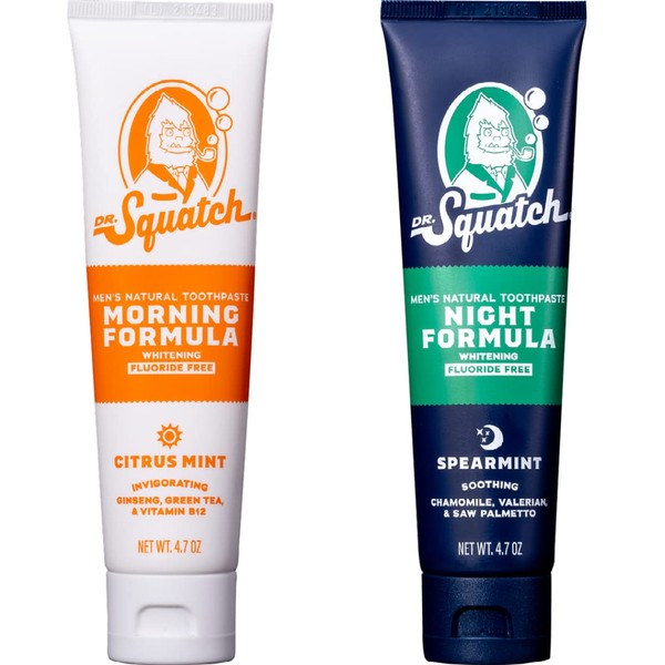 Dr. Squatch Teeth Whitening Toothpaste Kit - Day and Night Flouride Free Natural Toothpaste (1 Citrus Mint + 1 Sooth Spearmint Tooth Paste) 4.7 oz Tubes