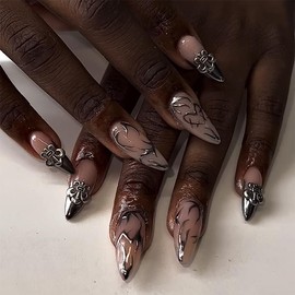 Press on Nails Almond Silver Metallic Flame - Glue on Nails False Nails Full Cover Stick on Nails Medium Artificial Nails for Women Manicure, 24Pcs