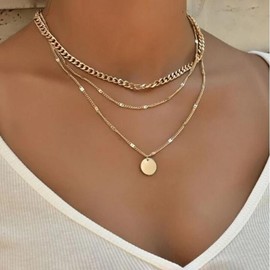Cimenexe Bohemian Layered Coin Choker Necklace Circle Disc Pendant Necklace Gold Cuban Curb Link Chain Necklace Round Coin Lace Chain Necklace Jewellery for Women and Women, Zinc, No Gemstone