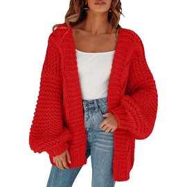 Cicy Bell Women's Cardigan Loose Lantern Sleeves Elegant Oversized Pullover, red