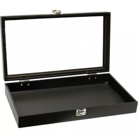 FindingKing Black Glass-top Jewelry Case (Single metal latch) w/ Gray 32-slot Plastic Tray