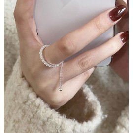 IMINI Tennis Chain Statement Ring for Women Girls 925 Sterling Silver Shiny Rhinestone CZ Crystal Eternity Ring Adjudtable Dangle Ball Finger Band Engagement Promise Rings Dainty Jewelry Gifts