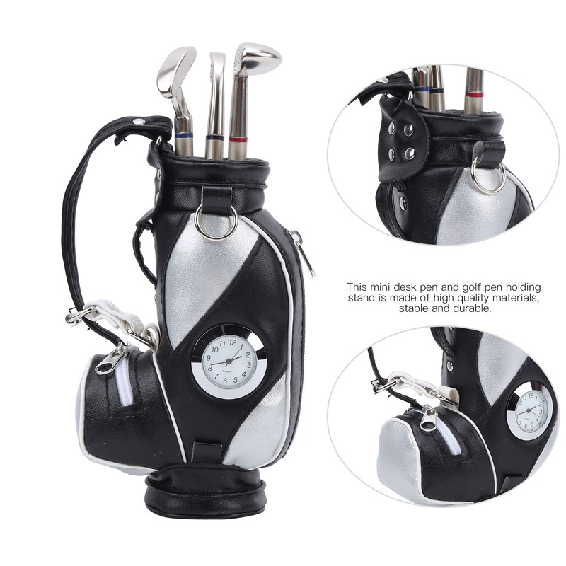 Mini Desktop Golf Bag Pen Clock Zinc Alloy PU Leather