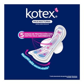Kotex Maxi Nocturna Extra Larga Con Alas, Toalla Femenina, Paquete con 20 Toallas, Ideal para flujo Maxi Abundante y Extra Protección Trasera