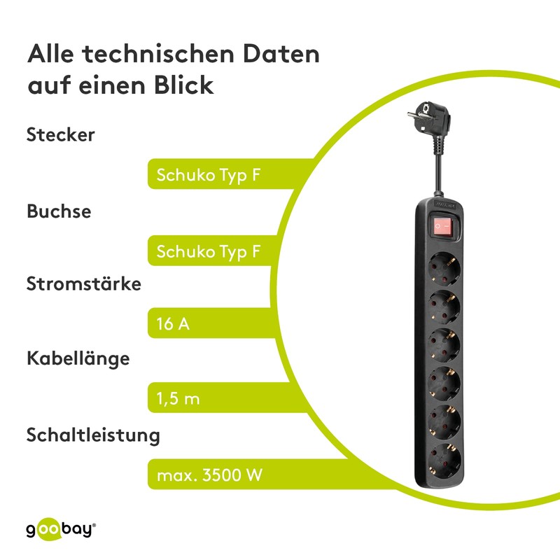 Goobay 51290 AC Power Strip with Switch, 1.5 m Cable