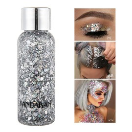 Punifengsi Sequins Body Glitter Gel, Make Up Long Lasting Glitter for Body Face Hair Eyeshadow for Music Festival Party Carnival Long Lasting Face Glitter, No Glue Needed and Easy to Remove. (Silver)