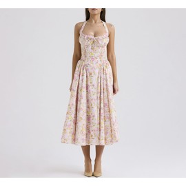 Boho Maxi Dress for Women Floral Print Cute High-Waisted A-line Casual Vintage Beach Sleeveless Casual Dress (A Pink,L,US,Alpha,Large,Regular,Regular)