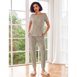 Ekouaer Pajama Sets for Womens Rib Knit Lounge Set Jogger Pants Short Sleeve Sleepwear 2 Piece Outfits Set with Pockets Khaki