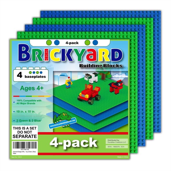 Brickyard Building Blocks 4 Baseplates, Improved Design 10 x 10 Inches Large Thick Base Plates for Building Bricks, for Activity Table or Displaying Compatible Construction Toys (2 Green, 2 Blue)
