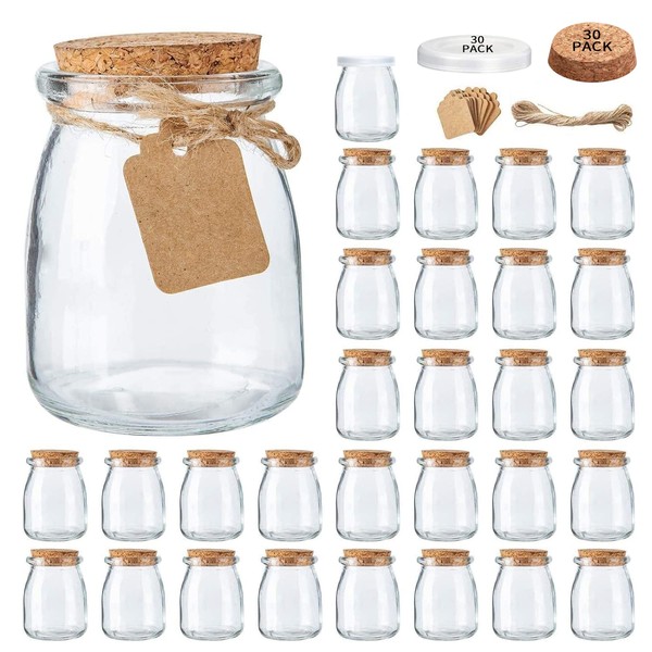 Mini Yogurt Jars 30 Pack, 7 oz Glass Favor Jars with Cork Lids, Pudding Containers with Lids, Mason Jar Wedding Favors Honey Pot with Label Tags and String