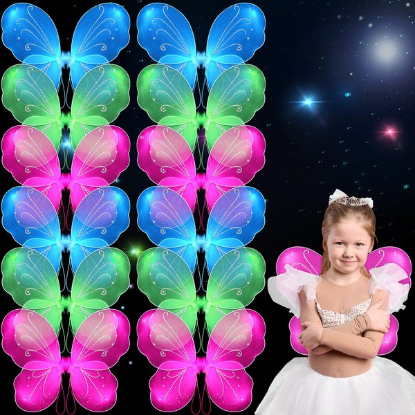 Foaincore 12 Pcs Butterfly Fairy Wings for Girls Dress up Glitter Fairy Costumes for Sparkle Princess Wings Birthday Party Favors (Blue, Rose Red, Green)