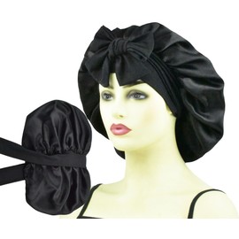 Black Double Layer Silk Bonnet for Sleeping Women Long Curly Hair Braids, Large Silk Lined Sleep Caps, Satin Bonnet with Tie Band