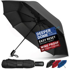 PROSTORM Vented Travel Umbrella | Strong Compact Windproof Umbrella | Top Pick by Wirecutter 2025 | Deep Dome Coverage | Automatic Open/Close | Portable Pop Up with Large Coverage | Fits Car & Backpack (Black)