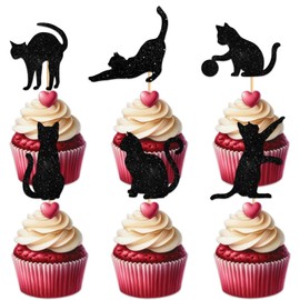 Cupcake Topper for Cute Pet Cat Theme Party Favors Decorations Men Women Kids Happy Birthday Baby Shower Party Decor Supplies set 18pcs Black Glitter Silhouette