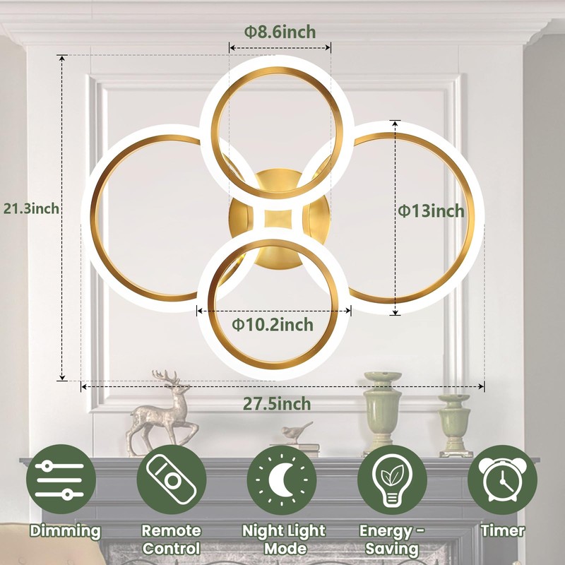 Vloitgol Modern LED Ceiling Light, 4 Rings LED Dimmable Flush