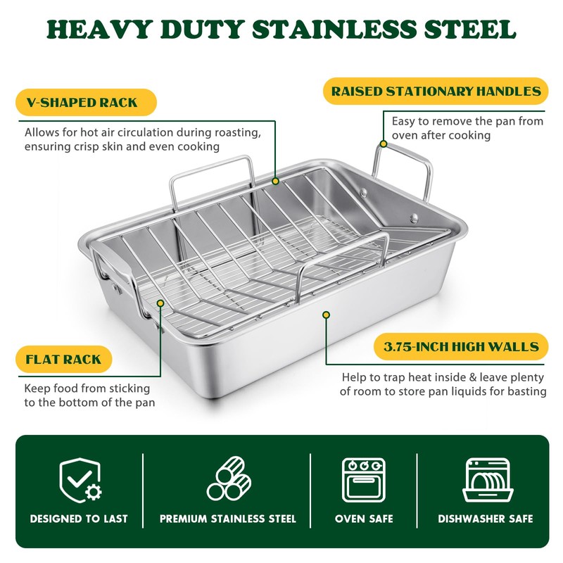 E-far Roasting Pan, 16 x 11.5 Inch Stainless Steel Turkey