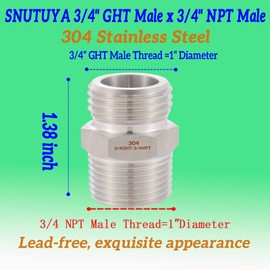 SNUTUYA 3/4” GHT Male to 3/4” NPT Male Connector，304 Stainless steel Garden Hose Adapter, Lead-free,3/4 male to male hose adapter, Garden Hose to Pipe Fittings Connect (2 Pack)…