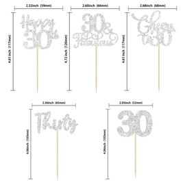 Paquete de 30 adornos para magdalenas de feliz 30 cumpleaños con purpurina plateada de treinta vívidas a 30 cumpleaños para decoraciones de pasteles de feliz 30 cumpleaños