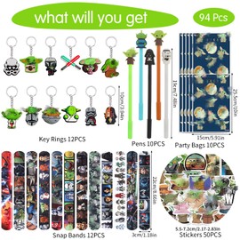 94-Piece Party Bag Children's Birthday Toy Set with 50 Stickers, 12 Key Chains, 10 Gift Bags, 12 Snap Bracelets, 10 Gel Pens, Gift Children's Party Accessories, Birthday Decoration