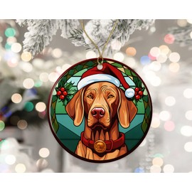 Vizsla Christmas Stained Glass Ceramic Ornament, Christmas Tree Hanging Ornament, Dog Stained Glass Ornament, Ornament Religious Gift for Christians Printed on Both Sides
