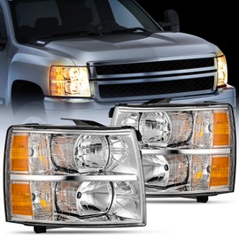 Nilight Headlight Assembly Compatible with 2007 2008 2009 2010 2011 2012 2013 Silverado 1500 2007 2008 2009 2010 2011 2012 2013 2014 Silverado 2500HD 3500HD Replacement Chrome Housing Amber Reflector