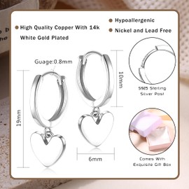Chriscoco Heart Earring Pendant 925 Silver for Women Girls Heart Hoop Earrings Pendant Hypoallergenic Earring Silver 925 Hoop Earrings Small Earrings Hanging with Heart for Children, Silver, No