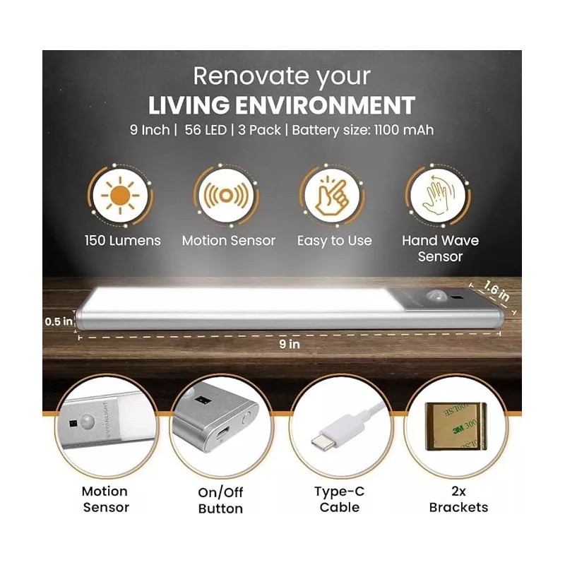 VYANLIGHT Wireless LED Cabinet Light - Motion Sensor, Hand Wave,