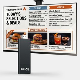 EZ AD TV Digital Signage Stick, Cloud-Controlled Digital Signage Media Player with PowerPoint Upload, Auto Content Updates, Free Plan, AI Image Enhancer, Mobile App, Includes Premium Template Library
